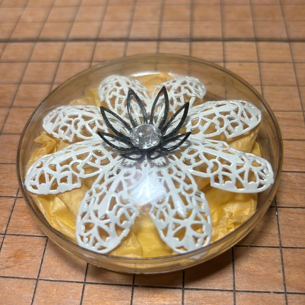 Vintage Brooch White Enamel Filigree Black Flower Clear Gem Rolling Pin Clasp